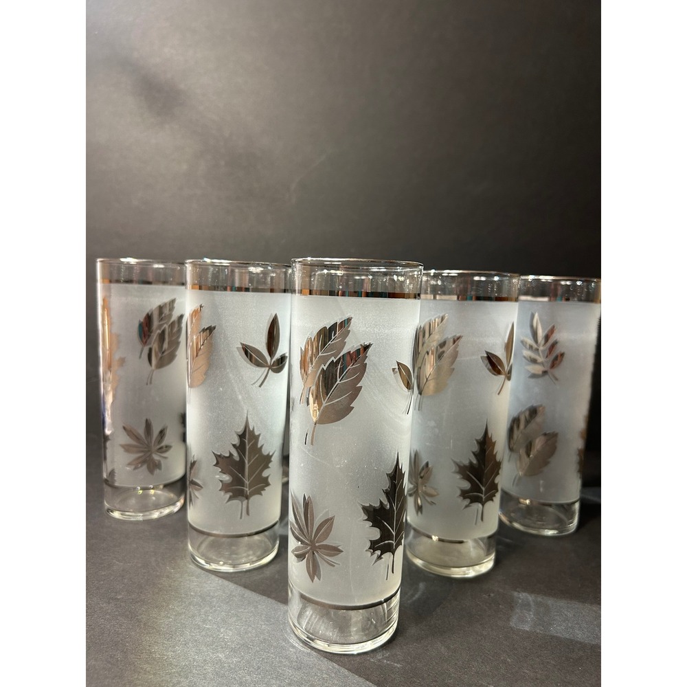 Vintage Libbey Frosted Silver Leaf Highball Glasses Set of 8 Mid Century Modern